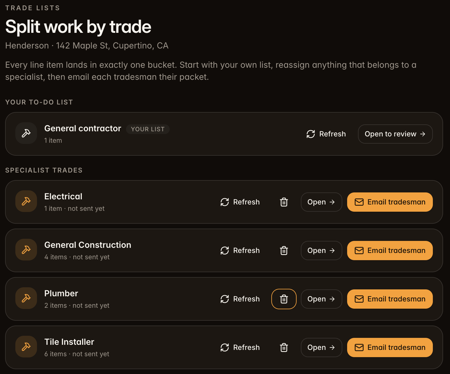 Split work by trade in one tap.