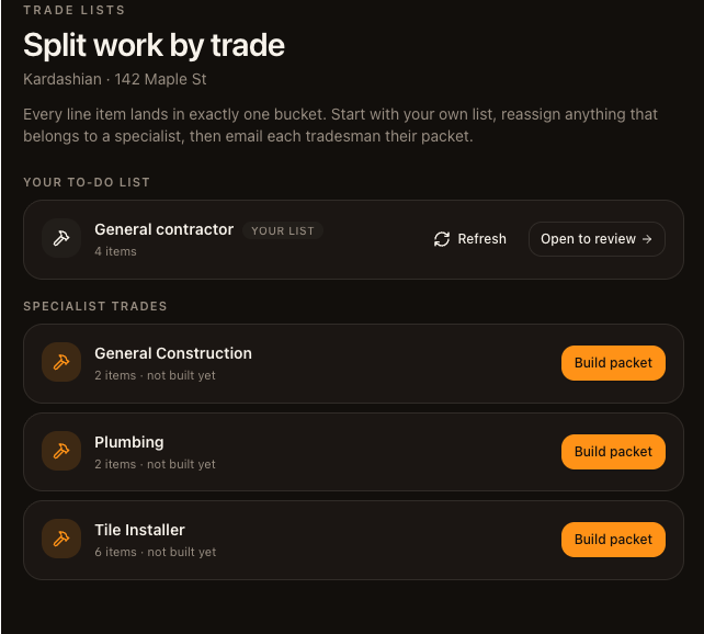 Split work by trade in one tap.