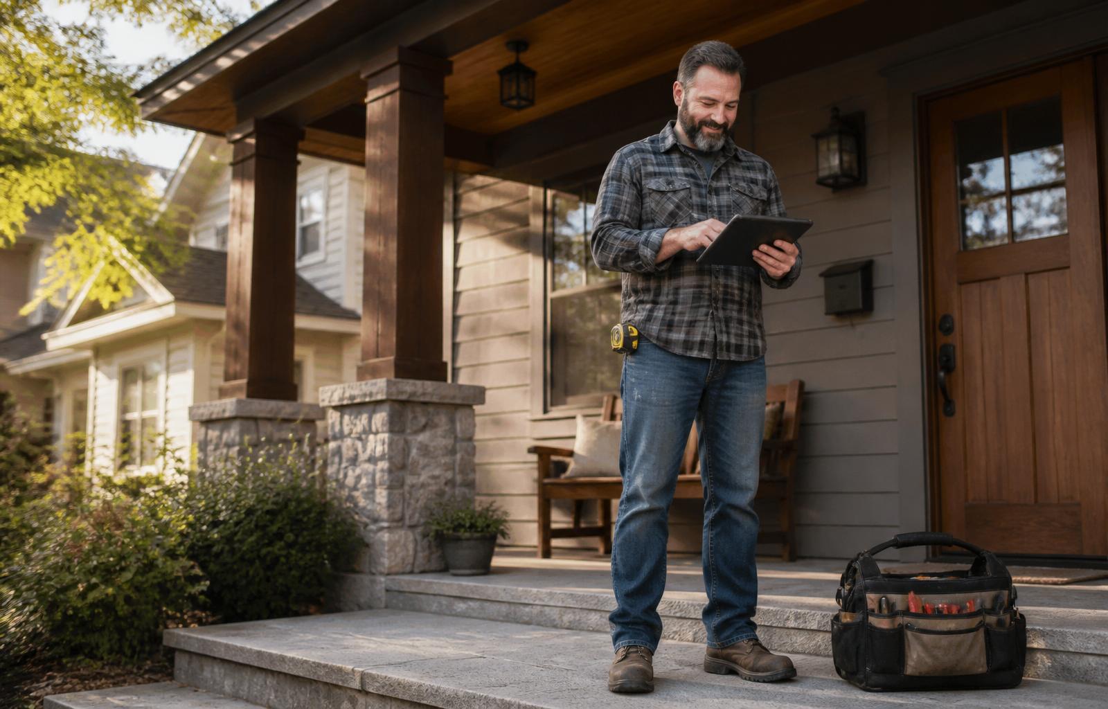 Contractor on a Craftsman front porch reviewing a tablet