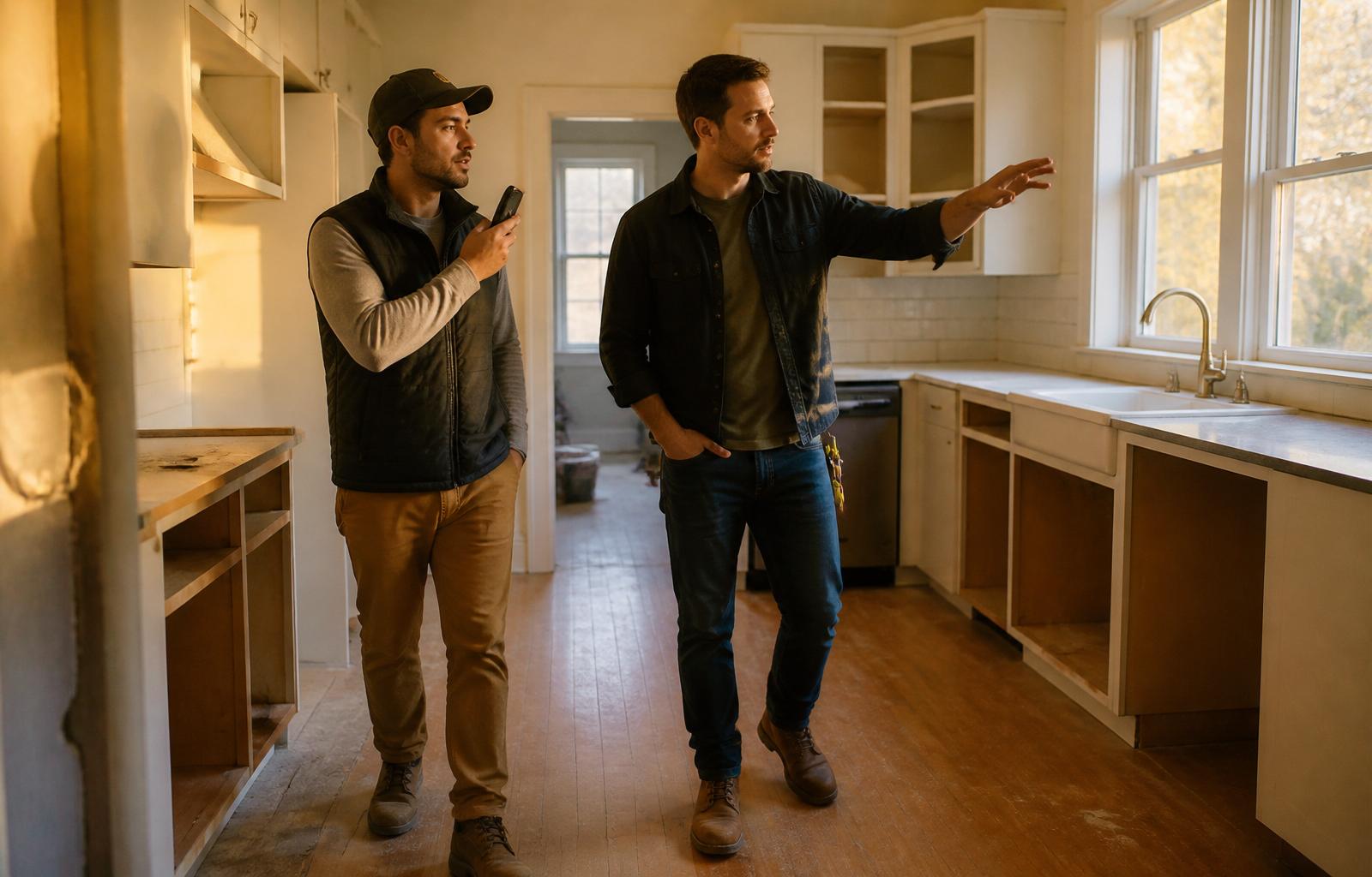 Contractors walking a homeowner's kitchen